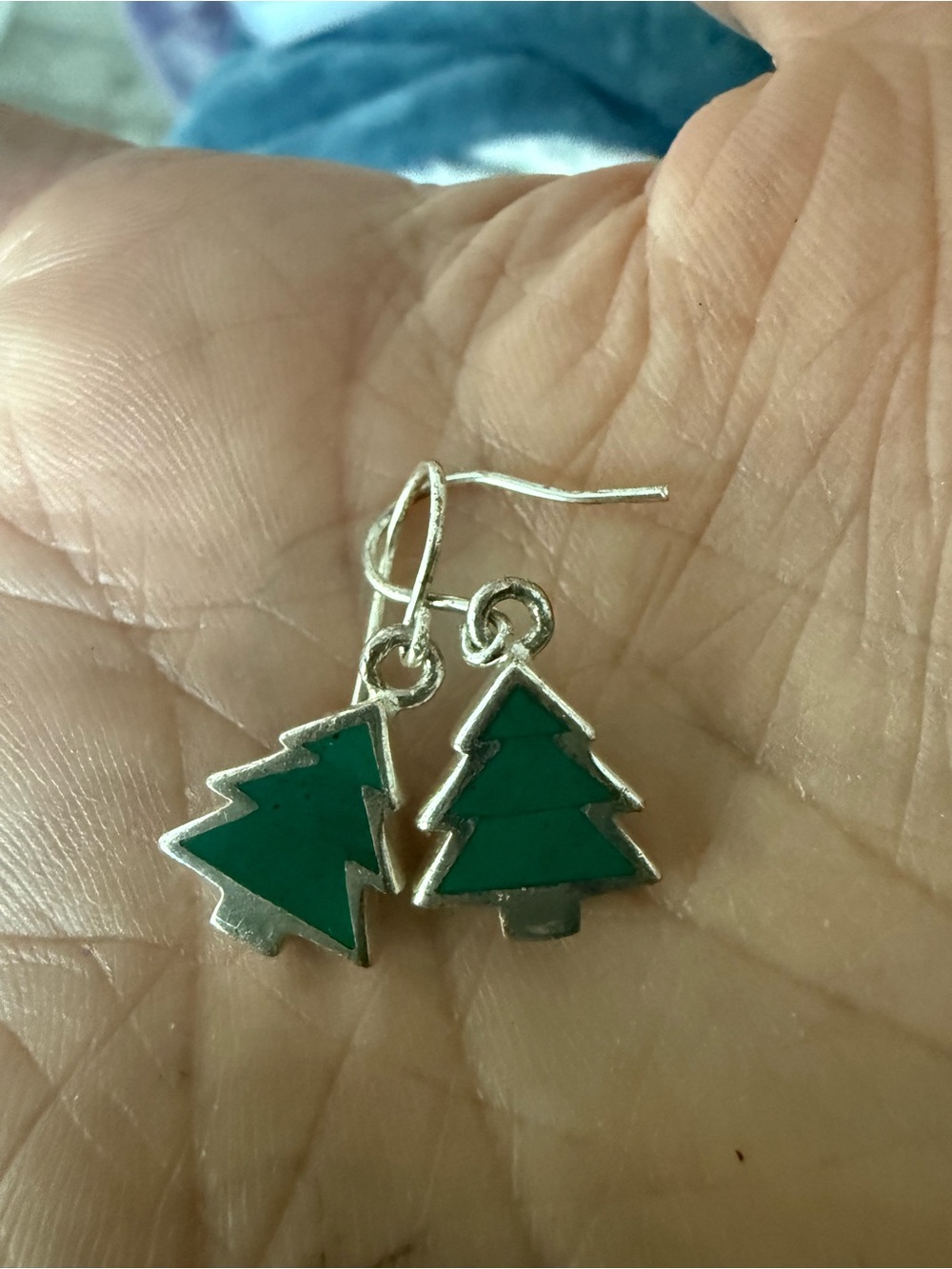 Green Christmas Tree Drop Earrings - Silver Tone